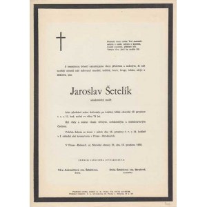 Osobní dokumenty - úmrtní oznámení, Jaroslav Šetelík - 12.prosince 1955, nepřeložené,