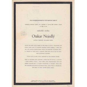 Osobní dokumenty - úmrtní oznámení, Otakar Nejedlý - 17.června 1957, 2x přeložené,