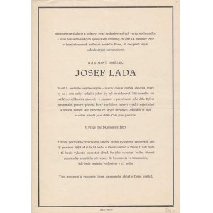 Osobní dokumenty - úmrtní oznámení, Josef Lada - 14.prosince 1957, 2x přeložené, krásně