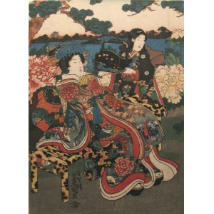 Utagawa Kunisada (1786-1865), Gejsza i maiko w ogrodzie piwonii, 1847