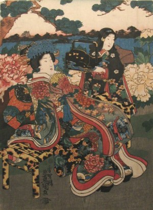 Utagawa Kunisada (1786-1865), Gejsza i maiko w ogrodzie piwonii, 1847