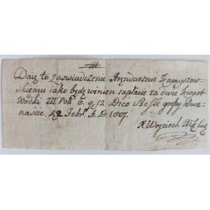 Zaświadczenie od księdza dla karczmarza z Kamyszowa dług 1807 r.