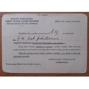 Karta pocztowa Komitetu Szwajcarskiego Pomocy Polskim Jeńcom Wojennym