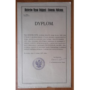 Dyplom Ministerstwa Wyznań Religijnych i Oswiecenia Publicznego