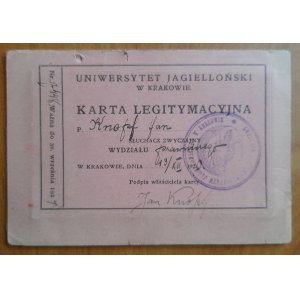 Karta Legitymacyjna Uniwersytetu Jagiellońskiego Krakowie na nazwisko Knopf Jan.