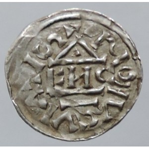 Bavorsko, Jindřich IV. královská vláda 1002-1009, obol Hahn 28d9, mincovna Řezno, ENCO pod lomenicí, 1,105g/15,5mm, Hahn 2007 cituje pouze dva exempláře RR