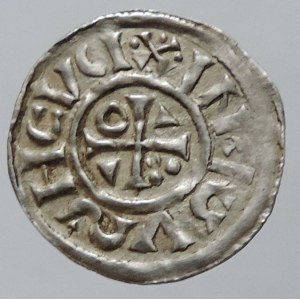 Bavorsko, Jindřich IV. královská vláda 1002-1009, obol Hahn 28d9, mincovna Řezno, ENCO pod lomenicí, 1,105g/15,5mm, Hahn 2007 cituje pouze dva exempláře RR