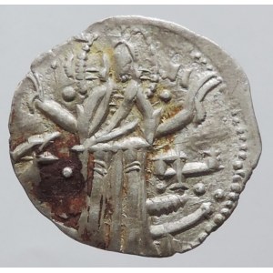 Bulharsko, Ivan Alexander a Michal Asen 1331-1355, denár, stojící panovníci s křížem/Kristus, Mušmov 7504, stopy koroze