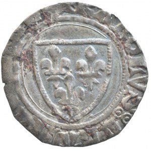 Francie, Karel VI., 1380 - 1422, groš b.l., kříž, v úsečích střídavě koruny a lilie, opis / tři lilie ve štítu, opis, nep.ned., dr.koroze, patina