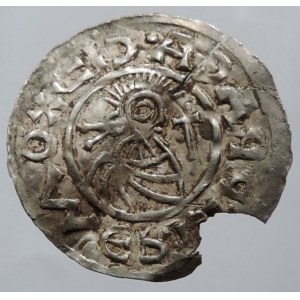 Boleslav II. 972-999, denár Cach 123, ethelredský typ, naprasklý, zvlněný, dr.vyl.okr., široký střížek 1,159g/22,6mm