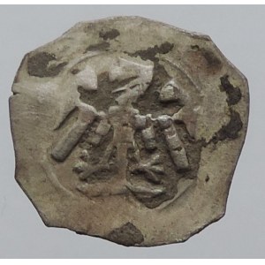 Morava, Jošt Lucemburský 1375-1410, peníz s šachovanou orlicí a čtyřrázem. Sejbal IV. obd. 1404-1411, 0,465g, dr.st.kor., patina R