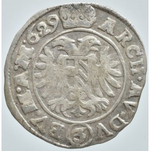 Ferdinand II. 1619-1637, 3 krejcar 1629 Praha-Hübmer, MKČ 760, var.opisu za zn. R.I.S.A.G.B.H.REX:, zkrácený letopočet, nep.hr., nep.škr.