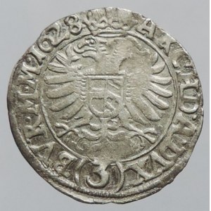 Ferdinand II. 1619-1637, 3 krejcar 1628 Kutná Hora-Hölzl, MKČ 809, v opise ARCHD.A.DVX, nep.ned. 1,59g