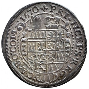 Olomouc biskupství, Karel II. Liechtenstein 1664-1695, 3 krejcar 1670, SV 326var., sbírkový, krásná patina