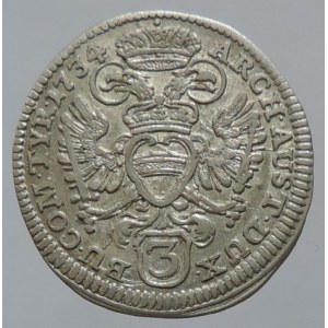 Karel VI. 1711-1740, 3 krejcar 1734 Vídeň