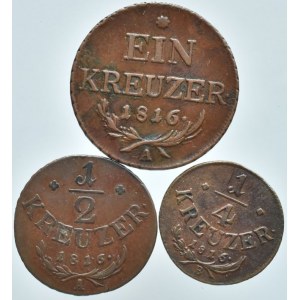 František II. 1792-1835, Cu 1 krejcar 1816 A, 1/2 krejcar 1816 A, 1/4 krejcar 1816 B, nep.škr., 3ks