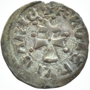 Ludvík z Anjou 1342-1382, denár hlava Saracéna/kříž, Huszár 547, var. s tečkami okolo kříže