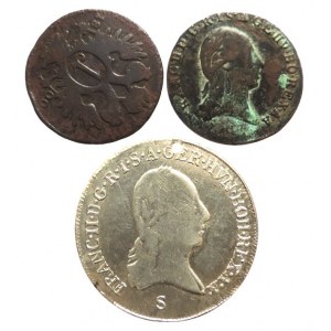 František II. 1792-1835, Cu 3 krejcar 1800 S, postříbřený, dírka + Cu 1 krejcar 1800 C (2x) st.kor. 3ks