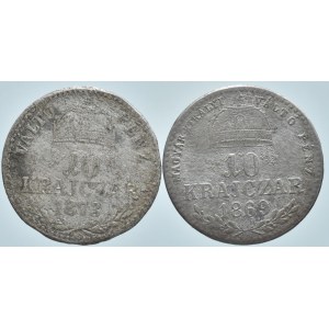 10 krejcar 1869 KB, 1873 KB, mělce raženo, 2 ks