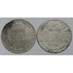 10 krejcar 1869 KB prohn., škr. (1/1), 1870 KB, dr.vada na hraně 2ks