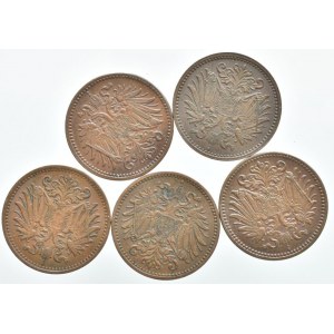 1 haléř 1893, 1896, 1900, 1909, 1911, vše b.z. , 5 ks