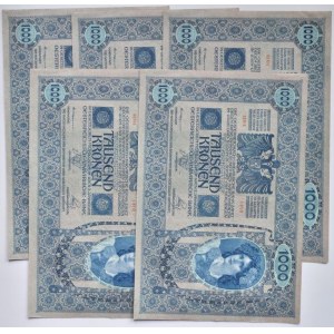 Rakousko-Uhersko, 1000 K 1902 - přetisk Deutschösterreich, série 1910, čísla po sobě, 67204, 67205, 67206, 67207, 67208, 5 ks