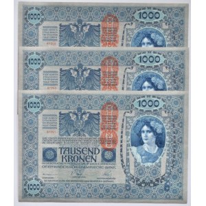 Rakousko-Uhersko, 1000 K 1902 - přetisk Deutschösterreich, série 1910, čísla po sobě, 67289, 67290, 67291, 3 ks