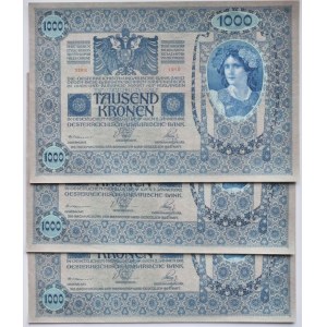 Rakousko-Uhersko, 1000 K 1902 - přetisk Deutschösterreich, série 1910, čísla po sobě, 67289, 67290, 67291, 3 ks