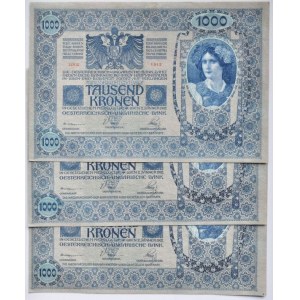 Rakousko-Uhersko, 1000 K 1902 - přetisk Deutschösterreich, série 1912, čísla po sobě, 84436,84437,84438, 3 ks