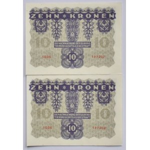 Rakousko-Uhersko, 10 K 1922, série 1035, čísla 177207, 177208, 2 ks