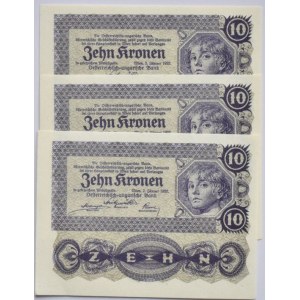 Rakousko-Uhersko, 10 K 1922, série 1035, čísla jdoucí po sobě 177210-177212, 3 ks
