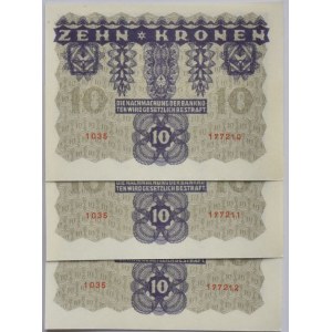 Rakousko-Uhersko, 10 K 1922, série 1035, čísla jdoucí po sobě 177210-177212, 3 ks