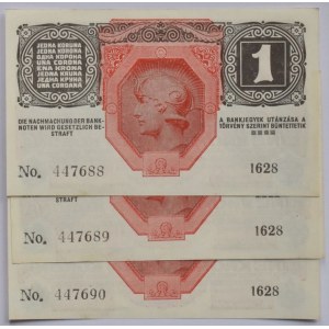 Rakousko-Uhersko, 1 K 1916 - přetisk Deutschösterreich, série 1628, čísla po sobě 447688-447690, 3 ks