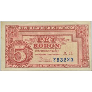 ČSR, 5 Kč 1949, série A 11 753223, B.82b, neperf.