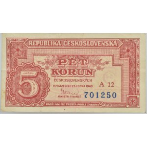 ČSR, 5 Kč 1949, série A 12 701250, B.82b, neperf.