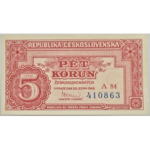 ČSR, 5 Kč 1949, série A 84 410863, B.82b, neperf.