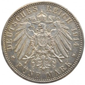 Prusko, Wilhelm II., 1888 - 1918, 5 marka 1914 A - císař v uniformě, KM.536, dr.hr., nep.rysky
