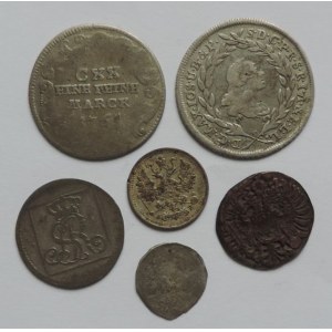 Solms-Lich, konvolut 6 mincí, Bavorsko 10k r.1775, Prusko 1/320 tol., Trevír 1765 1/120 tol., Rusko 5 kopejka 1902 + 2 středověké mince neurčené