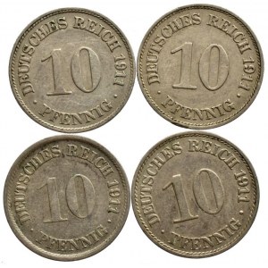 10 pfennig 1911 A, D, E, F, 4 ks