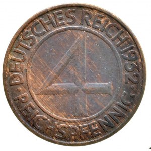 VÝMARSKÁ REPUBLIKA, 4 pfennig 1932 D, patina