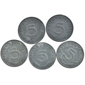 NĚMECKO III. ŘÍŠE, 5 pfennig 1940 A, B, 1941 B, 1942 A, 1943 E, 5 ks
