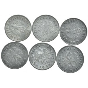 NĚMECKO III. ŘÍŠE, 1 pfennig 1940 F, 1941 A, 1942 A, B, 1943 A, 1944 B, 6 ks
