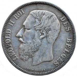 Belgie, Leopold II. 1865-1909, 5 frank 1869, KM.24, vlas.škr.