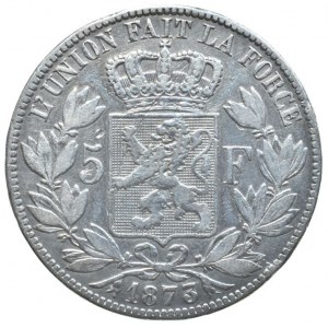 Belgie, Leopold II. 1865-1909, 5 frank 1873, KM.24, dr.hr., dr.škr.