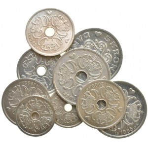 Dánsko, Margrethe II. 1972-, 5 kroner 1990, 95, 97, 2 kroner 1992, 93, 99, 00, 1 krone 1992, 00, 9 ks