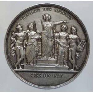 Francie, Ludvík Filip I. 1830-1848 , AR medaile Chambres des deputes, session 1846, poprsí krále zleva/alegorie přijímání zákonů, sign. Petit, 53mm/71,288g R