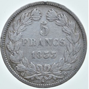 Francie, Ludvík Filip I. 1830-1848, 5 Frank 1833 D Lyon, hr.