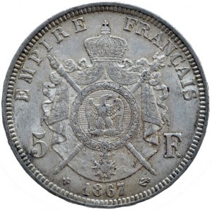 Francie, Napoleon III. 1852 - 1871, 5 Frank 1867 BB, Strasbourgh, KM.799.2, dr.rysky