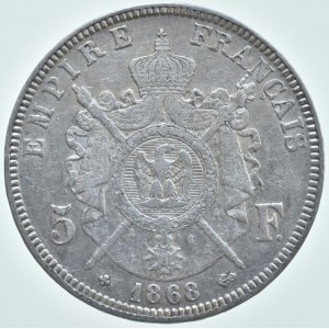 Francie, Napoleon III. 1852 - 1871, 5 Frank 1868 BB, Strasbourgh, KM.799.2, dr.škr., patina
