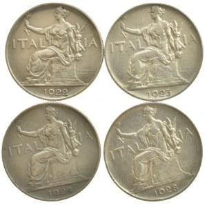 Itálie, Viktor Emanuel III. 1900-1946, 1 lira 1922, 23, 24, 28, 4 ks